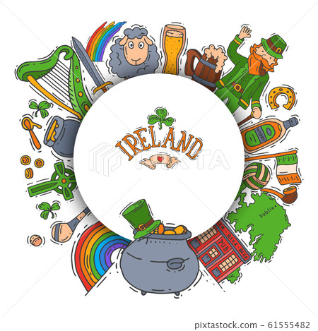 Ireland symbols doodle set vector illustration. St Patrick s day, shamrock, clover, leprechaun and irish pub. Irish symbolic big set with place for logo 61555482