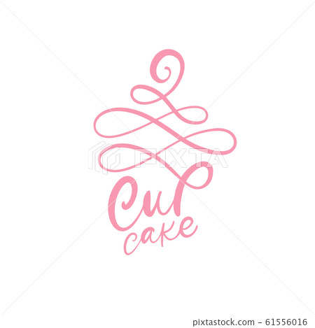 Cupcake vector flourish calligraphic text with logo. Sweet cupcake with cream muffin, vintage dessert emblem template design element. Candy bar birthday or wedding invitation 61556016