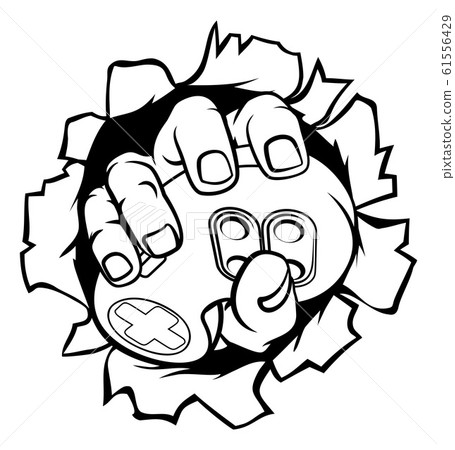 Gamer Hand and Video Game Controller Breaking Wall 61556429