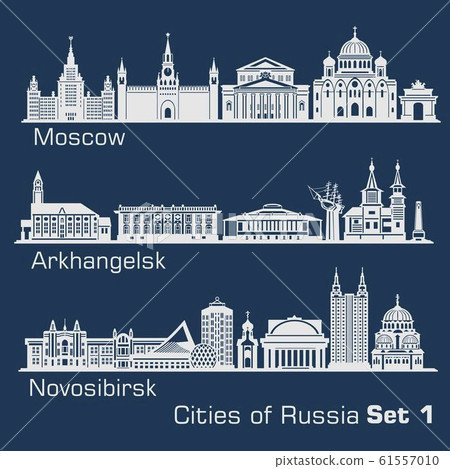 Moscow, Arkhangelsk, Novosibirsk City skyline set. Russia. Vector silhouette on dark. 61557010
