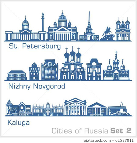 St. Petersburg, Nizhny Novgorod, Kaluga City skyline set. Russia. Vector silhouette on white. 61557011