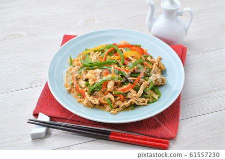 Uses Chinja Loose, Pork Loin Shredded, Bell Pepper and Paprika (Red / Yellow). Chinese cuisine. Uses Chinja Loose, Pork Loin Shredded, Bell Pepper and Paprika (Red / Yellow). Chinese cuisine. 61557230