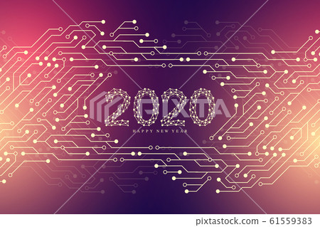 Computer motherboard vector background with circuit board electronic elements. Text design Christmas and Happy new year 2020. Electronic texture for computer technology, engineering concept 2020. Computer motherboard vector background with circuit board electronic elements. Text design Christmas and Happy new year 2020. Electronic texture for computer technology, engineering concept 2020. 61559383