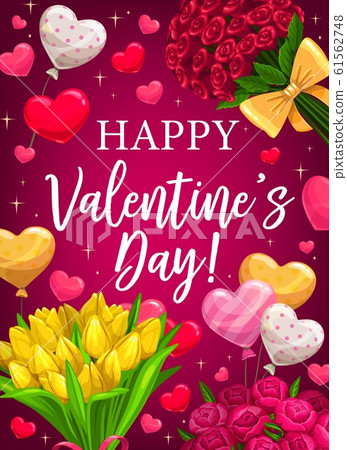 Valentines day red flowers and heart balloons Valentines day red flowers and heart balloons 61562748