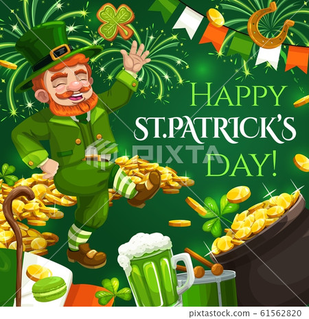 Patricks day, leprechaun and gold coins, fireworks 61562820