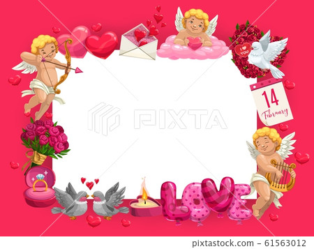 Valentines Day frame of hearts, Cupids and gifts 61563012