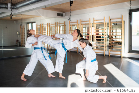 Group of young women practising karate indoors in gym. 61564182