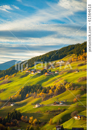 Val di Funes in the Dolomites at sunset, South Tyrol, Italy 61564618
