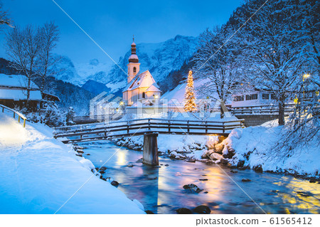 Church of Ramsau in winter twilight, Bavaria, Germany 61565412