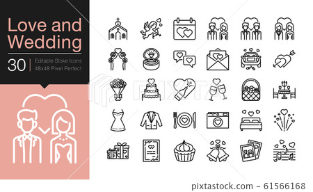 Love and Wedding icons. Modern line design. 61566168