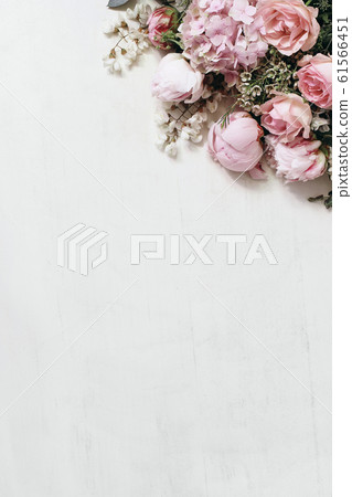 Floral styled stock photo with pink roses, hydrangea, peony, chameleucium flowers and locust tree blossoms isolated on white wooden tablebackground. Flat lay, top view. Botanical corner, vertical. 61566451