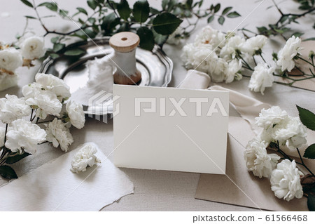 Wedding table composition. Place card mockup scene.with fading white rose flowers, silver plate, silk ribbons and envelopes. Grey background, selective focus. Moody festive, celebration concept. 61566468