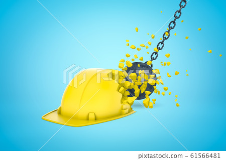 3d rendering of wrecking ball hitting and breaking yellow hard hat on light blue gradient background. 61566481