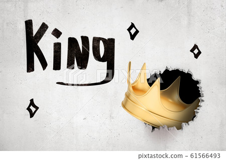 3d rendering of golden crown breaking white wall with 'King' sign on white background 61566493