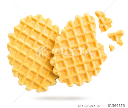 Waffle cookies fly close-up on a white background 61566853