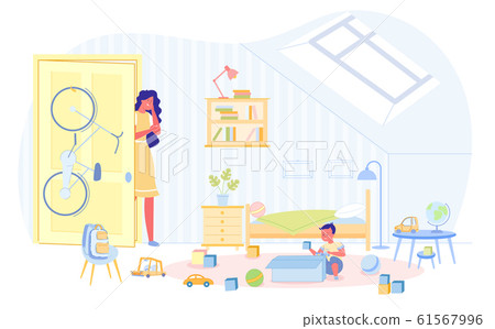 Flat Banner, Mom Checks what Kid Doing Vector. Flat Banner, Mom Checks what Kid Doing Vector. 61567996