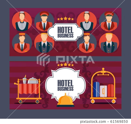 Hotel service banner, vector illustration. Comfortable accommodation, professional customer service. Flat style icons, symbols of luxury hotel. Brochure cover, newsletter header 61569850