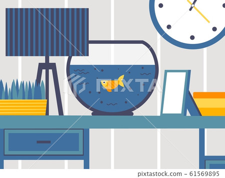 Goldfish swimming in a tabletop aquarium, flat style vector illustration. Interior design, aquatic pets for home or office. Fish tank on table, small decorative cartoon fish Goldfish swimming in a tabletop aquarium, flat style vector illustration. Interior design, aquatic pets for home or office. Fish tank on table, small decorative cartoon fish 61569895