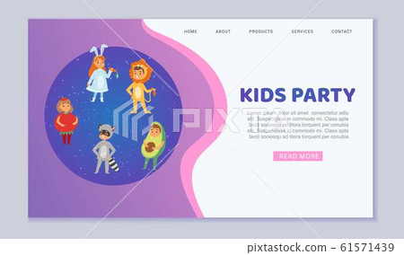 Kids wearing party carnival costumes of cute animals and vegetables vector web template illustration. Kids wearing party carnival costumes of cute animals and vegetables vector web template illustration. 61571439