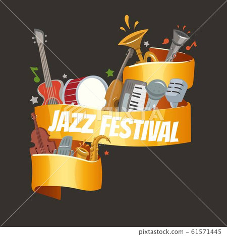 Jazz festival or party with musical instruments saxophone, electric piano and double-bass player and drums with banner inscription vector illustration. 61571445