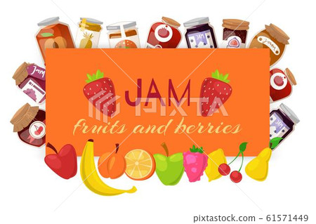 Orange jam with fresh fruits and berry Jam with rustic jars of jelly with paper cover, marmalade cartoon vector illustration. Orange jam with fresh fruits and berry Jam with rustic jars of jelly with paper cover, marmalade cartoon vector illustration. 61571449