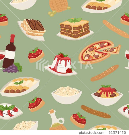 Italian food with cooking pizza, lunch pasta, spaghetti and cheese, desserts and wine seamless pattern vector illustration. Italian food with cooking pizza, lunch pasta, spaghetti and cheese, desserts and wine seamless pattern vector illustration. 61571450