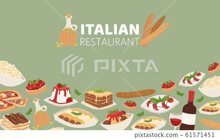 Italian restaurant food banner with pizza, lunch pasta, spaghetti and cheese, desserts and wine vector illustration. Italian restaurant food banner with pizza, lunch pasta, spaghetti and cheese, desserts and wine vector illustration. 61571451