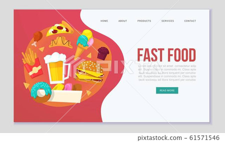 Fast food delievery vector illustration for web template. Cartoon illustration of burger sandwich, hamburger, pizza and hot dog. Fast food online order delievery for restaurant or cafe. Fast food delievery vector illustration for web template. Cartoon illustration of burger sandwich, hamburger, pizza and hot dog. Fast food online order delievery for restaurant or cafe. 61571546