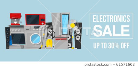 Kitchen equipment electronics sale vector illustration. Flat horizontal household banners of electronics sale with typography. Washing machine, stove, refrigerator. 61571608