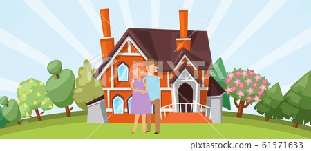 Happy couple with pregnant wife and her husband together on their cottage and green garden background vector illustration. 61571633