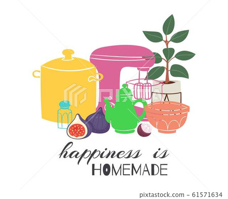 Happiness is homemade lettering with calligraphic font and decorated with kitchenware for cooking food vector illustration. Happiness is homemade lettering with calligraphic font and decorated with kitchenware for cooking food vector illustration. 61571634