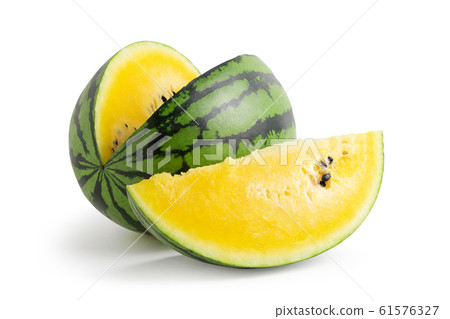 Sliced yellow watermelon isolated on a white background. Saved paths for cutting with and without shadow 61576327