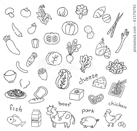 Cute illustration material of hand-drawn vegetables and meat 61579791