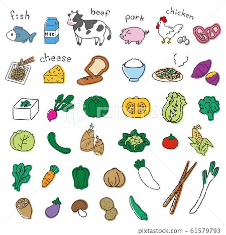 手繪蔬菜和肉的可愛插圖素材 手繪蔬菜和肉的可愛插圖素材 61579793