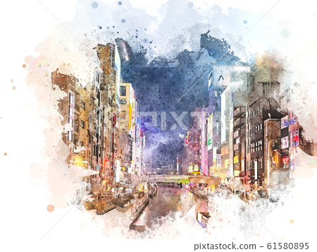 Abstract colorful cityscape building and walking street in Osaka, Japan on watercolor illustration painting background. Abstract colorful cityscape building and walking street in Osaka, Japan on watercolor illustration painting background. 61580895