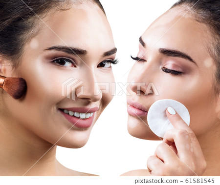 Woman before and after sleansing skin with cotton pad. 61581545