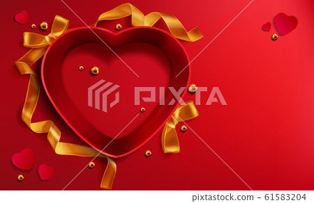 Heart shapedred open gift box, golden ribbon pearl Heart shapedred open gift box, golden ribbon pearl 61583204