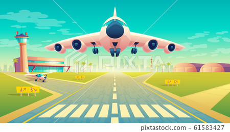takeoff of plane on landing strip 61583427