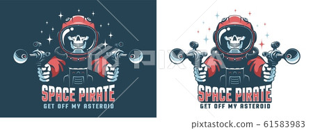 Astronaut with laser gun. Space pirate skull with blaster 61583983