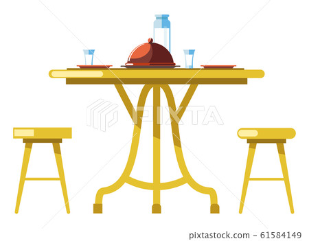 Cafe table, served food and drink, covered tray ad water bottle 61584149