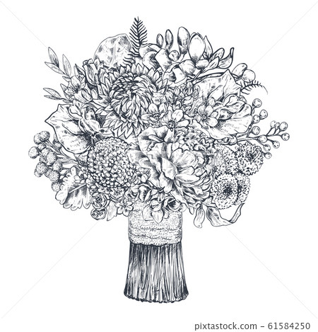 Floral composition. Bradal bouquet with beautiful hand drawn flowers, plants, ribbon. Monochrome vector illustration in sketch style 61584250