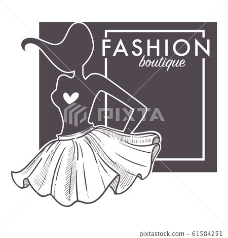 Fashion boutique monochrome logo with model sillouette in flared skirt Fashion boutique monochrome logo with model sillouette in flared skirt 61584251