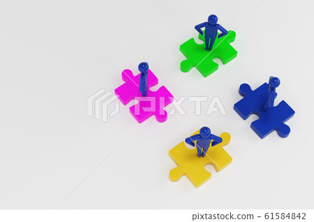 Four 3d man are standing on pieces of the puzzle. 3d rendering Four 3d man are standing on pieces of the puzzle. 3d rendering 61584842