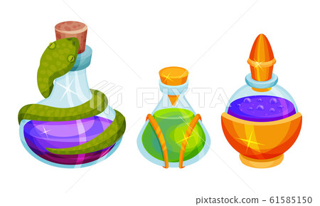 Magic Potions and Elixirs with Colorful Liquids Poured in Glass Fancy Shaped Bottles Vector Set Magic Potions and Elixirs with Colorful Liquids Poured in Glass Fancy Shaped Bottles Vector Set 61585150