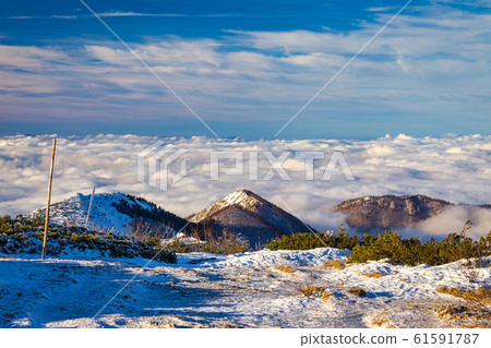 Winter mountain landscape at a sunny day with fog Winter mountain landscape at a sunny day with fog 61591787