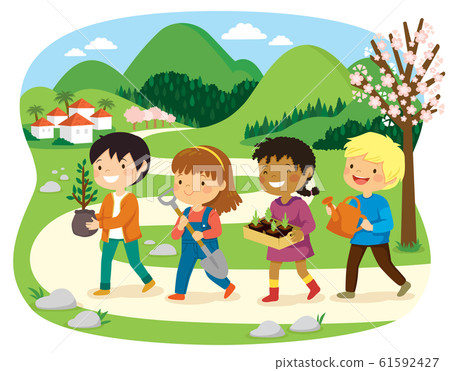 Kids planting trees outside for the Israeli holiday of Tu Bishvat. Kids planting trees outside for the Israeli holiday of Tu Bishvat. 61592427