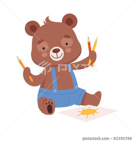 Cheerful Bear Character Wearing Playsuit Drawing Sun with Colored Pencils Vector Illustration 61593789