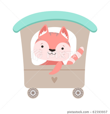 Cheerful Whiskered Cat Driving Toy Wheeled Carriage Vector Illustration 61593937