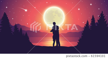 couple in love at beautiful lake at night with... - Stock Illustration ...