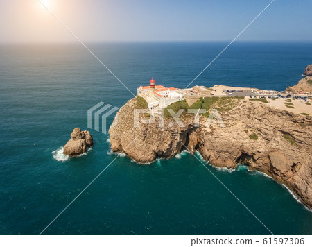 Aerial view of lighthouse Cabo de Sao Vicente, Sagres Portugal. Algarve 61597306